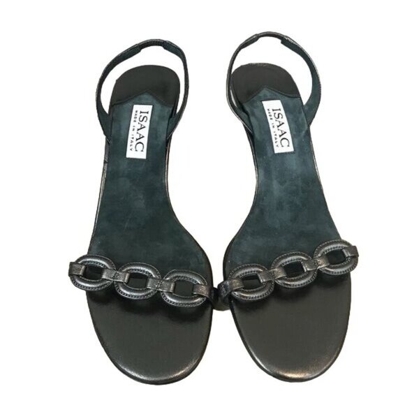 Isaac Mizrahi Size 9.5 Slingback Metallic Gray Leather Heel Sandals Italy - Picture 2 of 8